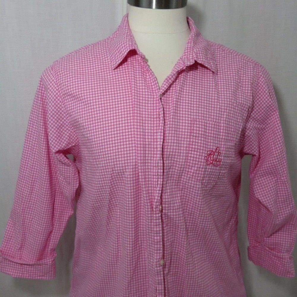 Ralph Lauren XL Pink White Gingham Check Button Front Shirt